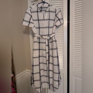 GAP Blue and White Midi Dress V-Neck Short Sleeve, 55% Linen 45% Cotton, Women's